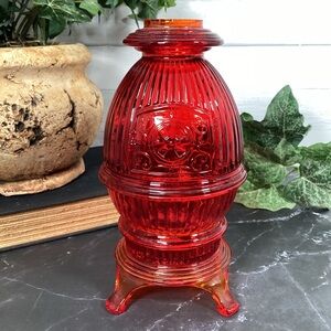 Vintage Viking Glass Red Amberina Pot Belly Stove Fairy Lamp, Original Sticker